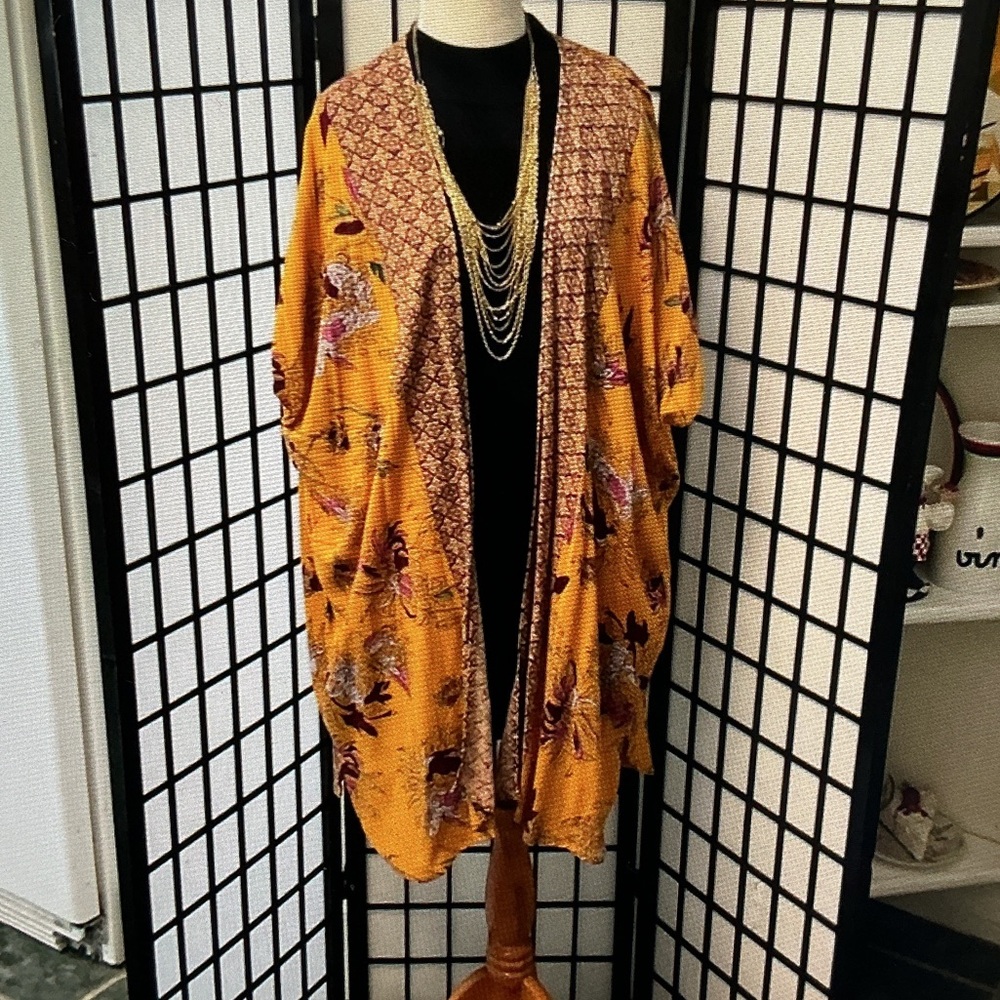Mustard Floral Kimono Jacket - Women's Lightweight Coat